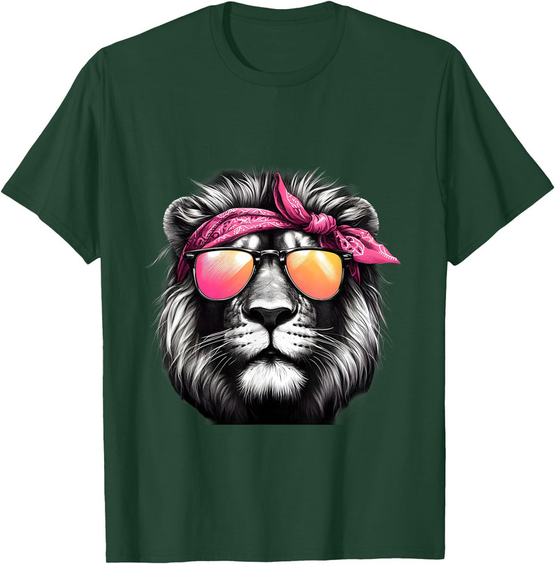 Fashionable Animals Wearing Pink Bandanas Lion Wearing a Pink Bandana Headband and Sunglasses T-Shirt - Dark Green