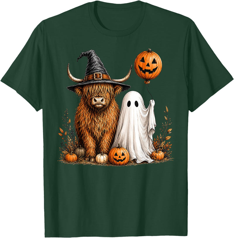 Fall Highland Cow Ghost Autumn Pumpkin Halloween Halloween Highland Cow, Spooky Highlander Cow Fall T-Shirt - Dark Green