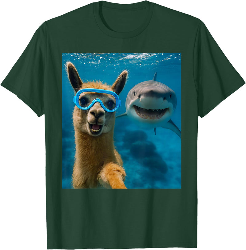 Selfie Llama and Shark Summer Scuba Diving Funny Llama Selfie with Shark Ocean Lovers T-Shirt - Dark Green