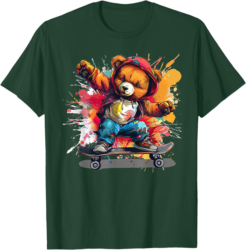 Cool Teddy with skateboard Colourful Splash with Skateboard Teddy Bear Outfit T-Shirt - Dark Green