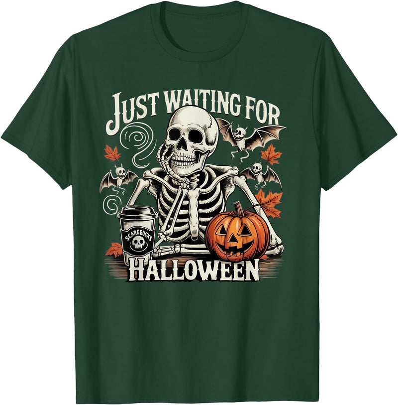 Threadrock Just Waiting for Halloween Skeleton Costume Party Fun T-Shirt - Dark Green