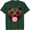 Bear Face Wearing Glasses Apparel For Women ladies Cute Bear Face Eating Gum and Makes Bubble Funny Bears Women T-Shirt - Dark Green