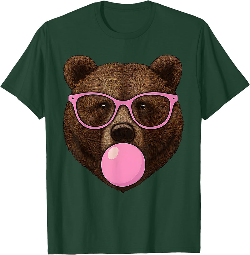 Bear Face Wearing Glasses Apparel For Women ladies Cute Bear Face Eating Gum and Makes Bubble Funny Bears Women T-Shirt - Dark Green