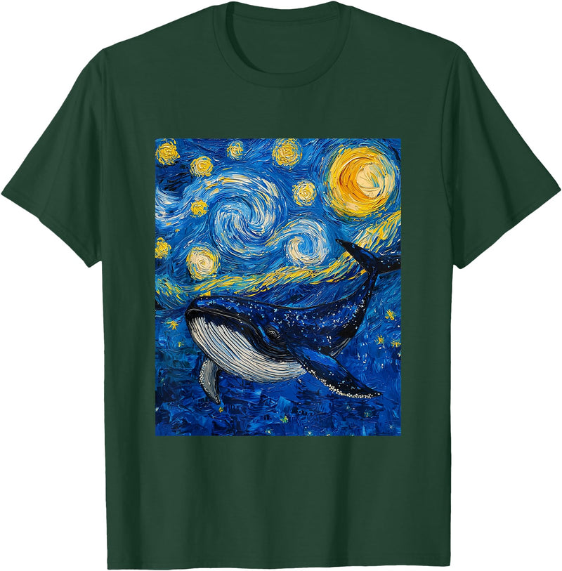Whale Designs. Whale Fish Van Gogh Style Starry Night Sea Graphic T-Shirt - Dark Green