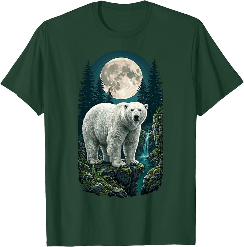 Polar Wilderness Fan Wildlife Lover Polar Bear Full Moon Night Forest Wildlife Nature Lover T-Shirt - Dark Green
