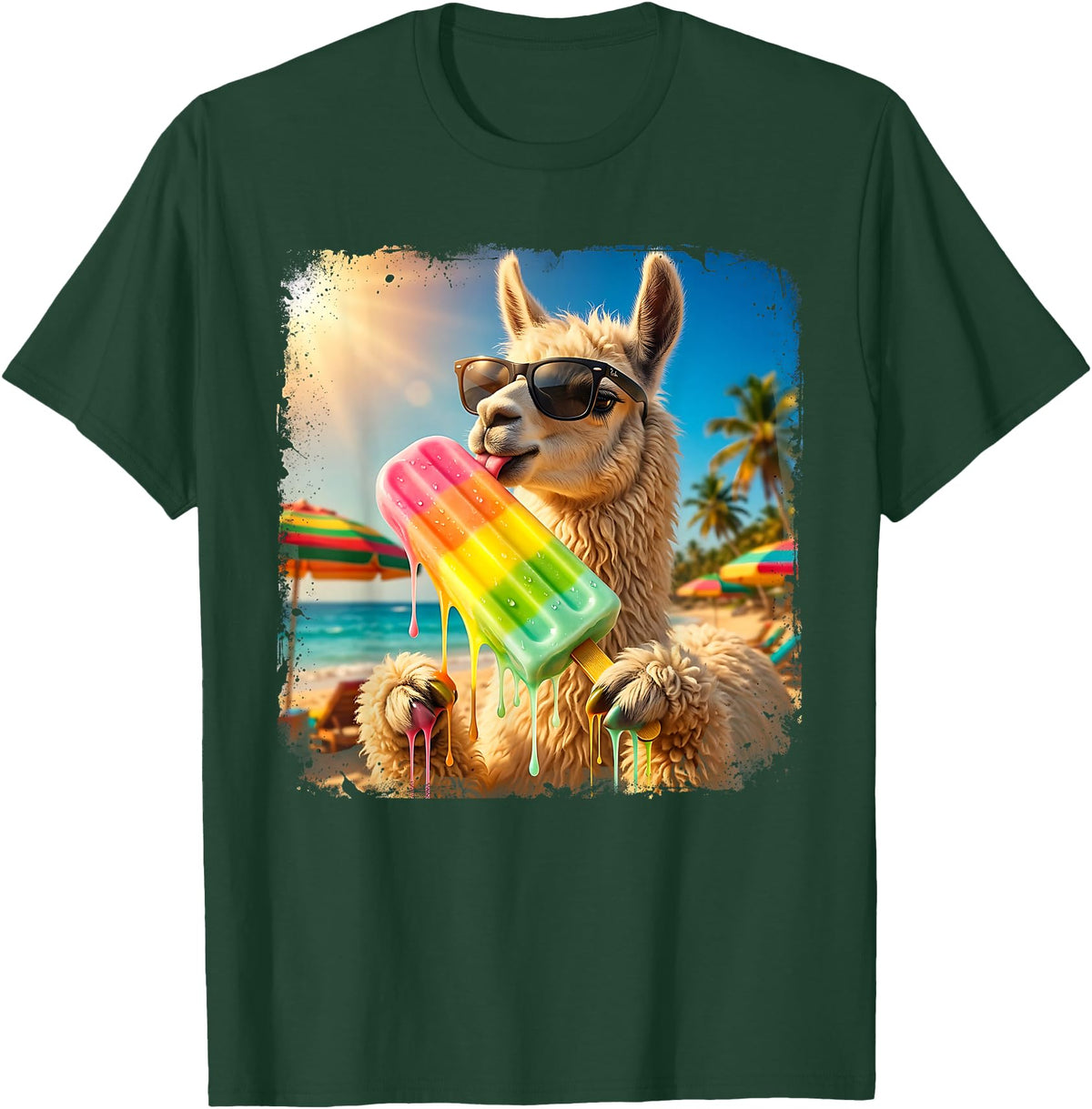 Funny Llama Popsicle Summer Ice Cream Rainbow Drip Funny Llama Eating Popsicle Summer Beach Animal Sunglasses T-Shirt - Dark Green