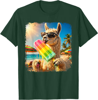 Funny Llama Popsicle Summer Ice Cream Rainbow Drip Funny Llama Eating Popsicle Summer Beach Animal Sunglasses T-Shirt - Dark Green
