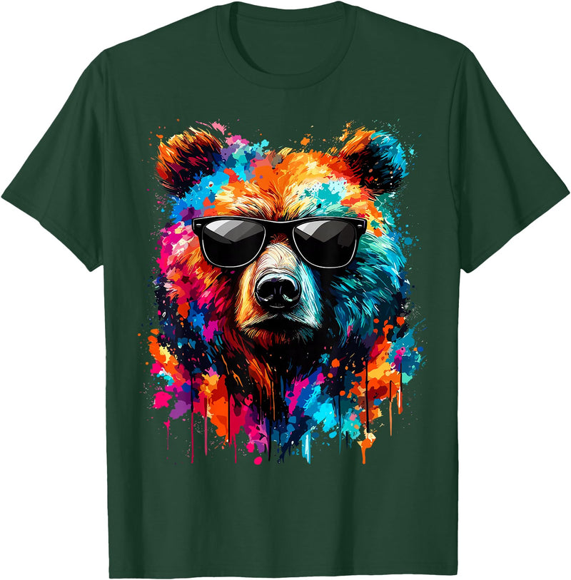 Funny Colorful Bear Lover Wildlife Colourful Bear with Sunglasses T-Shirt - Dark Green