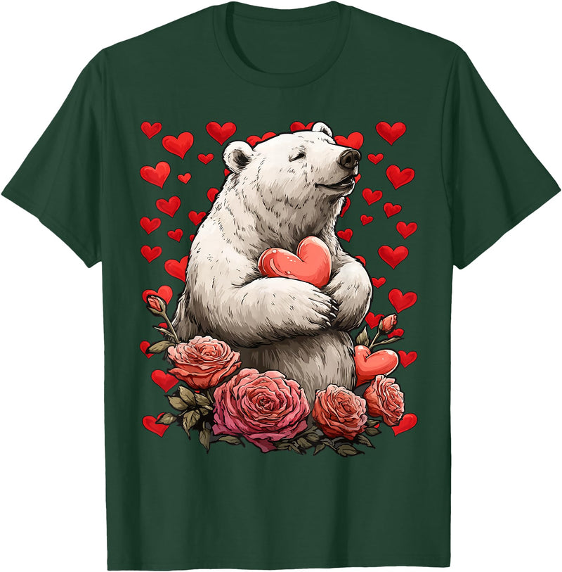 Romantic Animals Valentine’s Day Presents Cute Polar Bear with Red Roses Hearts Valentine’s Day Animal T-Shirt - Dark Green