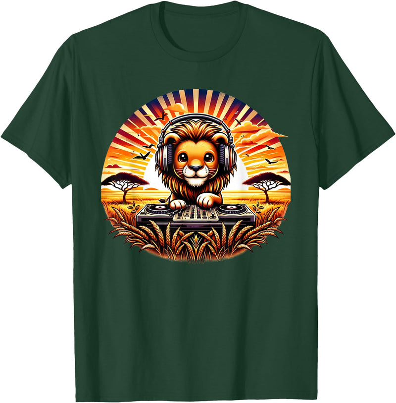 Funny Lion Graphic Apparel Co. Funny Lion Dj Headphones Animal Graphic for Men Boys Kids T-Shirt - Dark Green