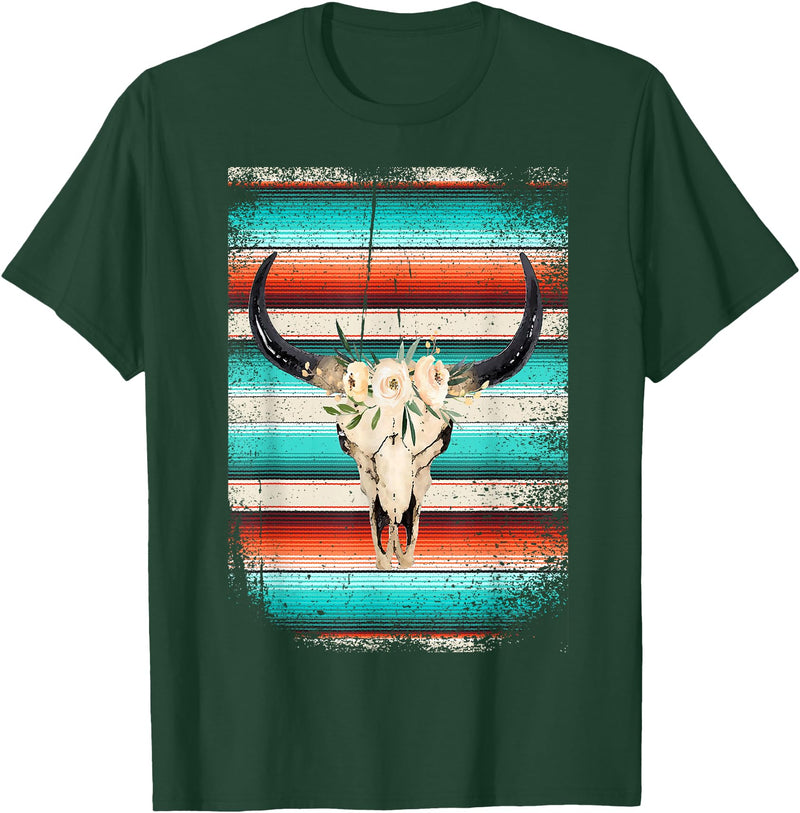 Funny Serape Cow BOHO designs Funny Serape Cow BOHO print Flower Rustic Turquoise T-Shirt - Dark Green
