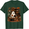 Retro Ghost Reading Funny Halloween Spooky Book Lover T-Shirt - Dark Green