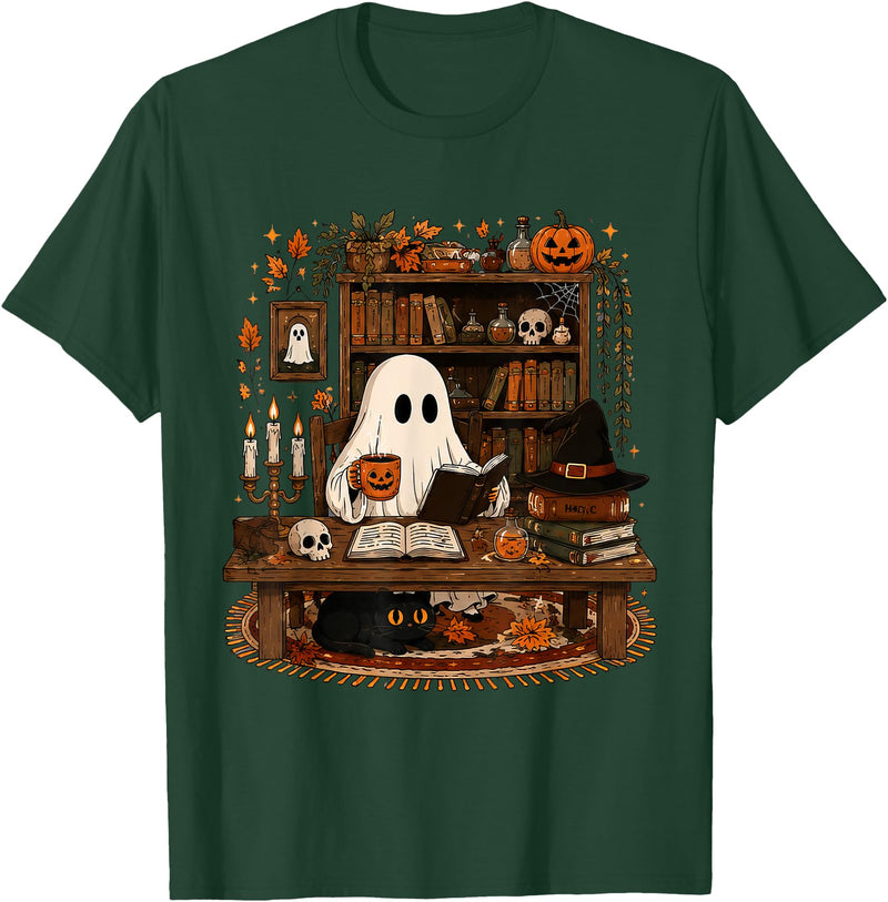 Retro Ghost Reading Funny Halloween Spooky Book Lover T-Shirt - Dark Green