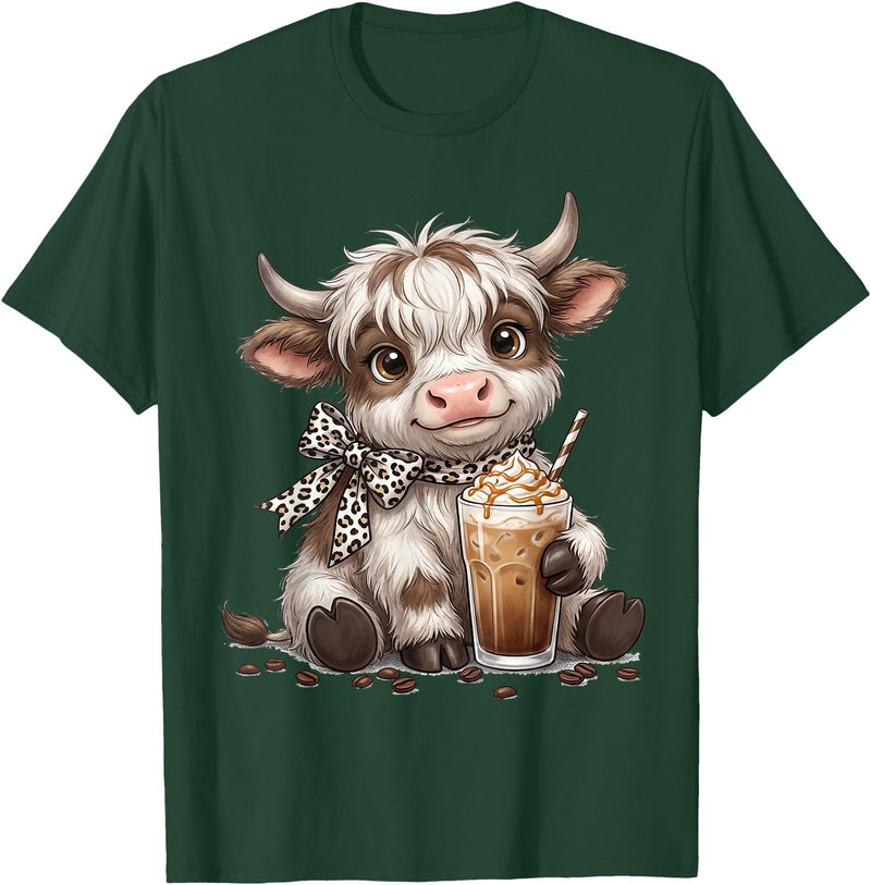 Funny Highlander Cow Drinking Coffee Lover Designs Highland Cow Drinking Iced Coffee Lover Funny Animal Meme T-Shirt - Dark