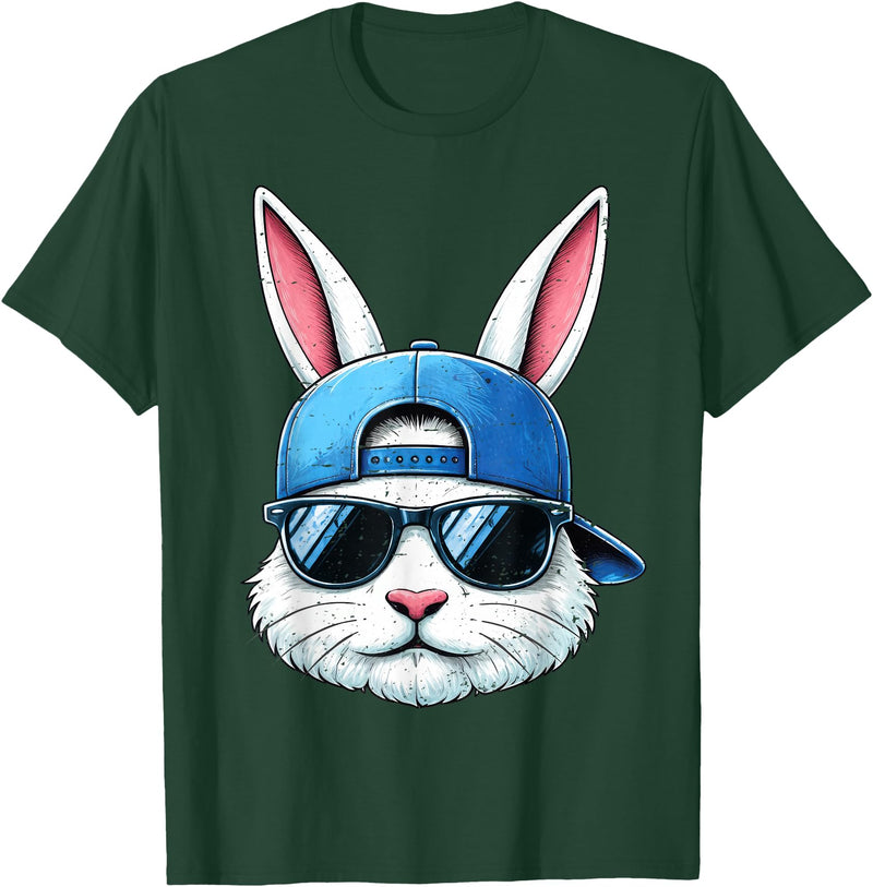 Cool Bunny Face with Sunglasses Cap Easter Kids Boys T-Shirt in Dark Green