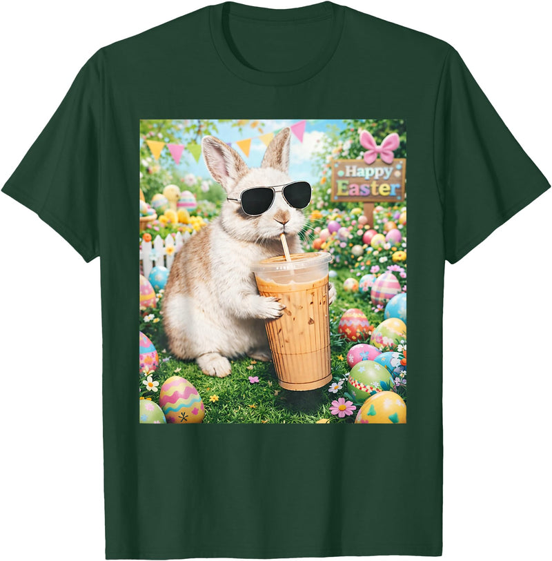 Rabbit Drinking Iced Coffee Funny Easter Bunny Men Women T-Shirt (Black) in Dark Green