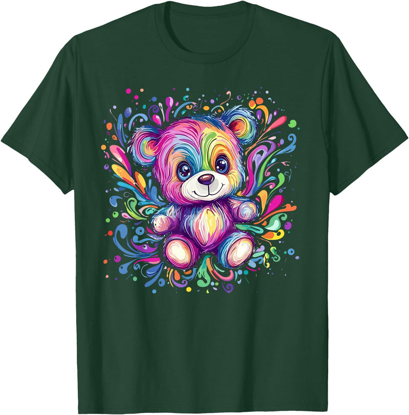 Vibrant Colorful Teddy Bear Illustration Rainbow Splash Teddy Bear T-Shirt - Dark Green