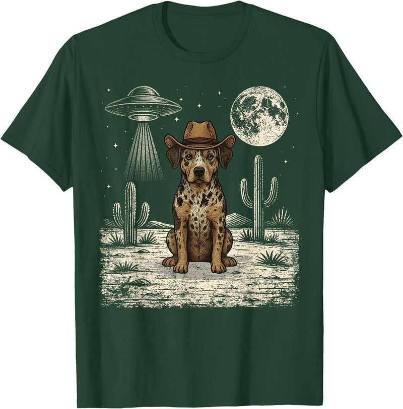 Retro Catahoula Leopard Dog Lover Halloween Moon Funny Catahoula Leopard Dog Cowboy Western UFO T-Shirt - Dark Green