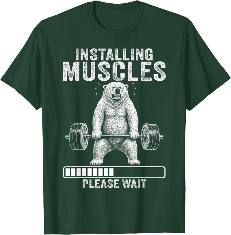 Funny Polar Bear Fitness Deadlift Workout Installing Muscles Please Wait Polar Bear Gym T-Shirt - Dark Green