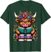 Funny Highland Cow Lover Highland Cow Book Floral Bookworm T-Shirt - Dark Green