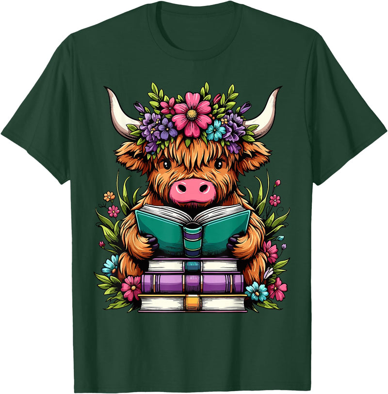 Funny Highland Cow Lover Highland Cow Book Floral Bookworm T-Shirt - Dark Green