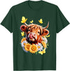 Highland Cow Sunflower Daisies Butterflies Western Animal T-Shirt - Dark Green