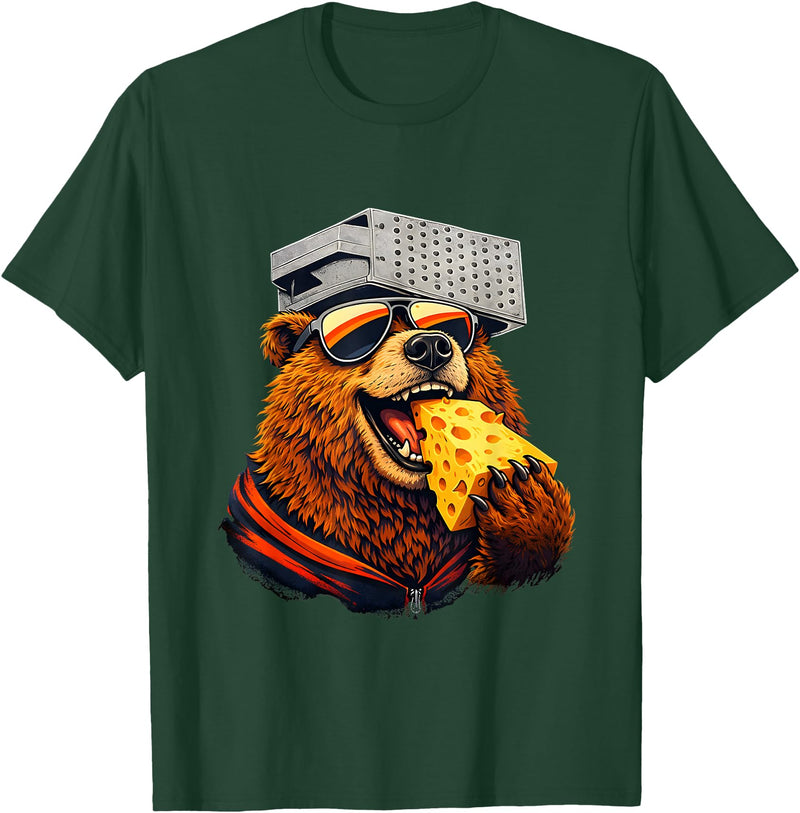 Retro Bear with Cheese for Boys Funny Animal humor Retro Bear Eating Cheese with a Grater Hat T-Shirt - Dark Green