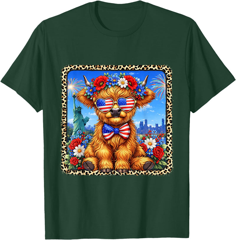 4th of July Apparel 4th of July Cow Patriotic Heart Glasses USA Floral Leopard T-Shirt - Dark Green