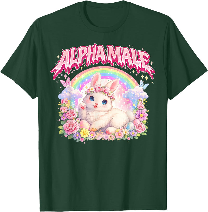 Cute Bunny Rainbow Floral Funny Gifts for Men Women Kid T-Shirt in Dark Green