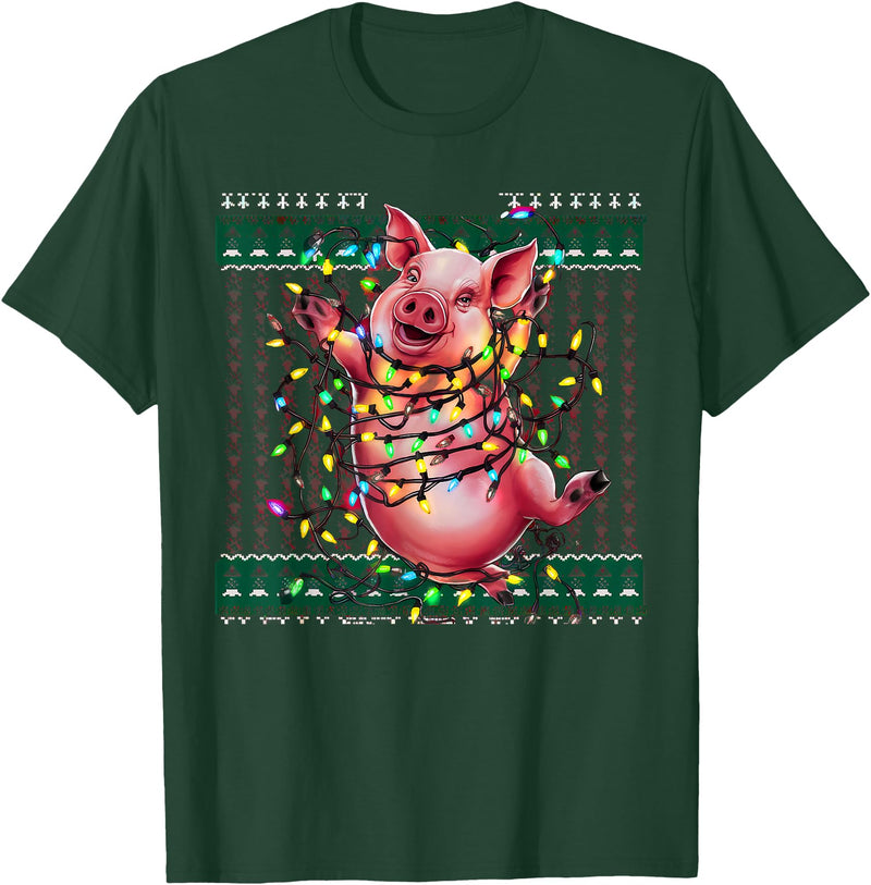 Christmas Sweater Tshirt For Men Women Santa Claus Christmas Family Xmas Ugly Christmas Outfit Merry Pig T-Shirt - Dark Green