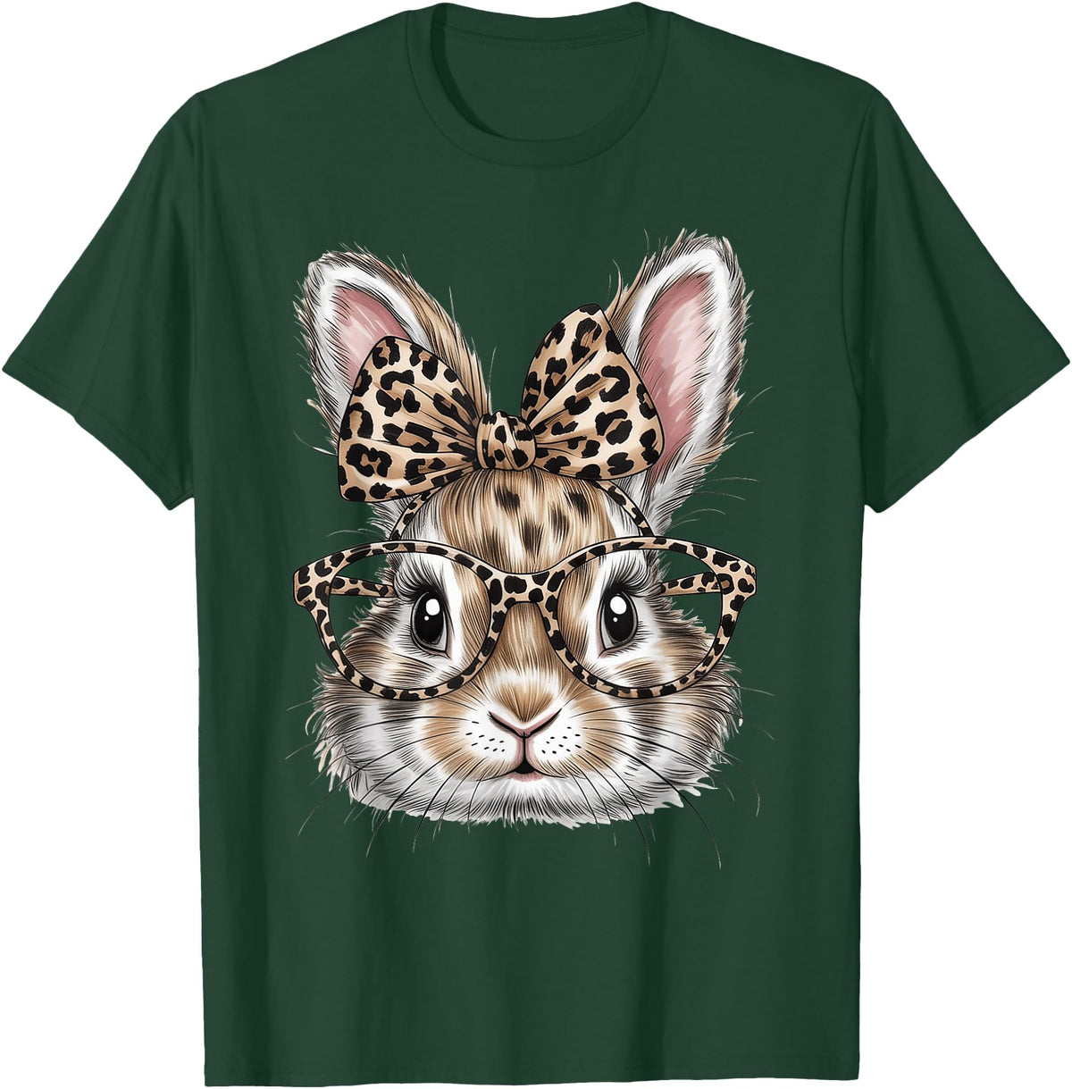 Bunny Face Glasses Bandana Leopard Rabbit Happy Easter T-Shirt in Dark Green