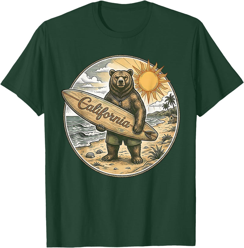 Retro Coastal Surf Bear Vintage Beach Apparel Vintage California Surf Bear Beach Retro Coastal Summer T-Shirt - Dark Green