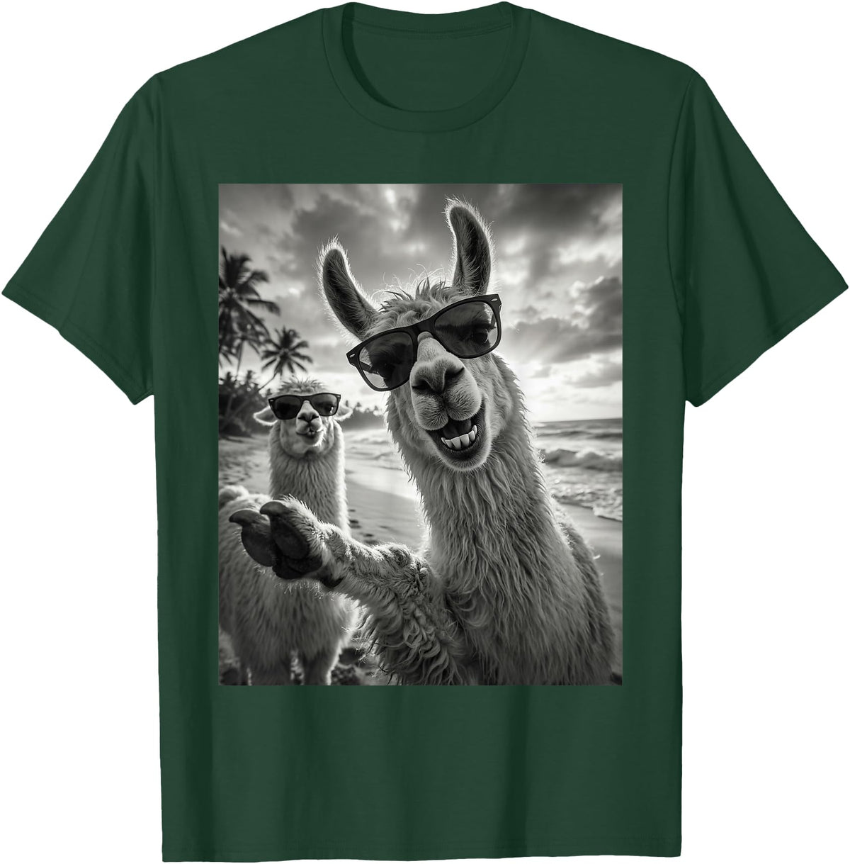 Funny Llama Stuff Accessories & Gifts Cool Llama Selfie At The Beach, Cute Llamas Alpaca T-Shirt - Dark Green