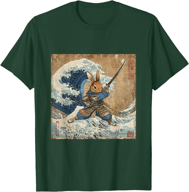 Bunny Rabbit Samurai Warrior Vintage Japanese Art Anime T-Shirt in Dark Green
