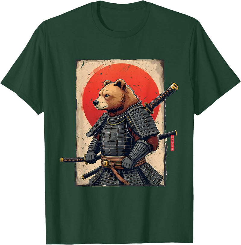 Japanese Samurai Bear Woodblock Art Samurai Brown Bear Ukiyo-e Ink Warrior Art Japanese Bear Art T-Shirt - Dark Green