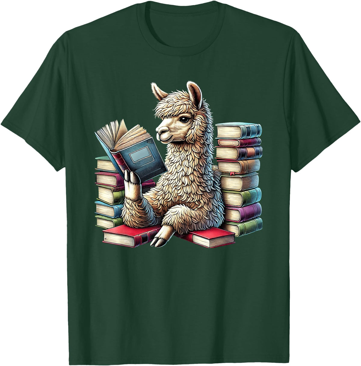 Llama Book Lover Llama Reading Book Reader Bookworm Alpaca Lover T-Shirt - Dark Green