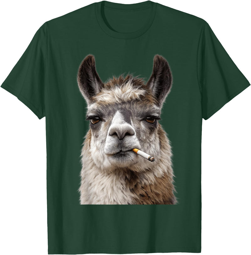 FunWearVM Funny Smoking Llama Cool Animal Lover with Attitude T-Shirt - Dark Green