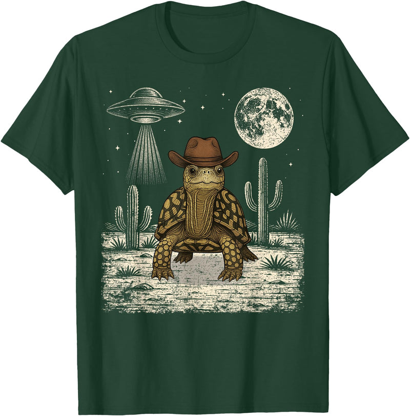 Retro Land Turtle Lover Halloween Moon Funny Eastern Box Turtle Cowboy Western UFO T-Shirt - Dark Green