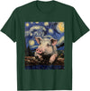 Cute Pigs Designs. Cute Pig Funny Van Gogh Style Starry Night Graphic T-Shirt - Dark Green