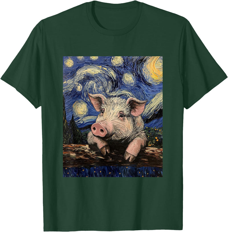 Cute Pigs Designs. Cute Pig Funny Van Gogh Style Starry Night Graphic T-Shirt - Dark Green