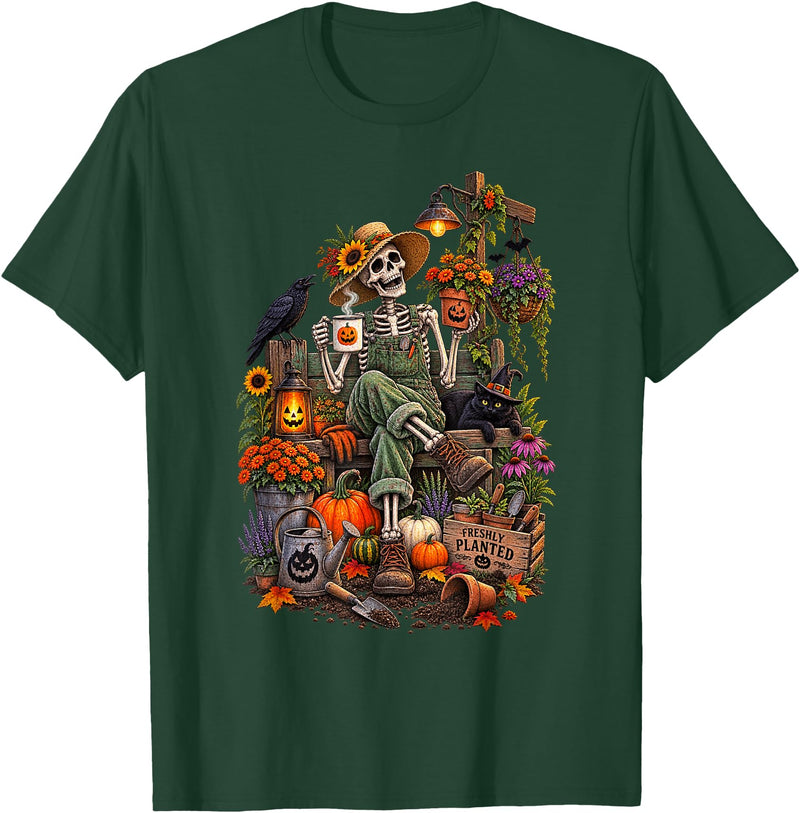 Halloween Gardening Lover Apparel & Gifts Outlet Freshly Planted Skeleton Gardener Halloween T-Shirt - Dark Green