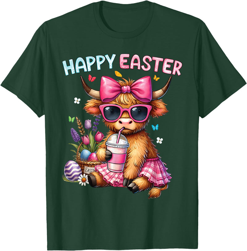Farm Animal Highland Cow easter Gifts Happy Easter Day Highland Cow Cute Holiday Bunny Women Kids T-Shirt - Dark Green