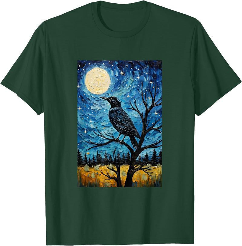 Bird Designs. Magpie Crow Raven Bird Van Gogh Style Starry Night Graphic T-Shirt - Dark Green
