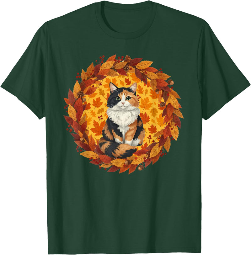Calico Cat Autumn Fall Halloween Decor Apparel Calico Cat Autumn Leaves Wreath Cozy Fall Halloween T-Shirt - Dark Green