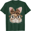 Cute Bunny Rabbit Face Leopard Coquette Bow Glasses Easter T-Shirt in Dark Green