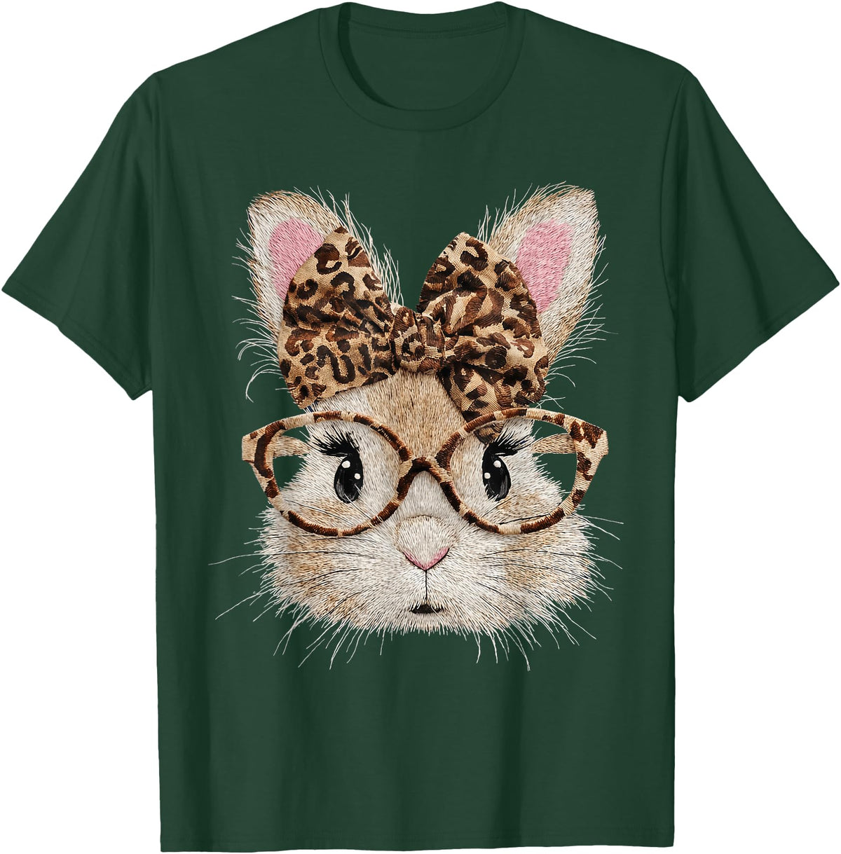 Cute Bunny Rabbit Face Leopard Coquette Bow Glasses Easter T-Shirt in Dark Green