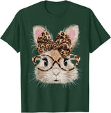Cute Bunny Rabbit Face Leopard Coquette Bow Glasses Easter T-Shirt in Dark Green