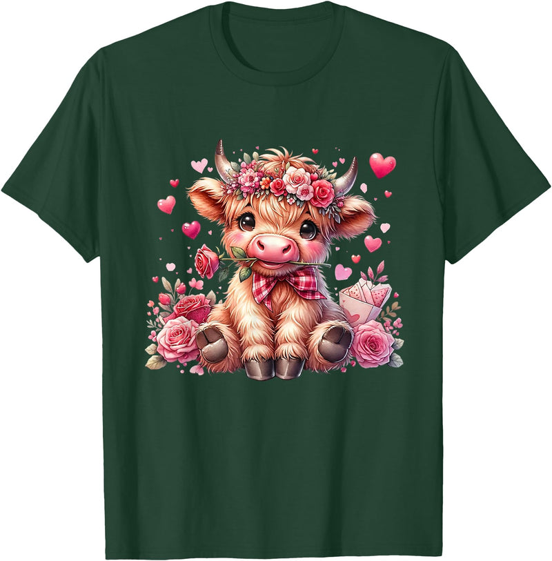 Happy Valentine Highland Cow Costume Love Clothing Valentine Highland Cow Print Cute Love Heart Flowers T-Shirt - Dark Green
