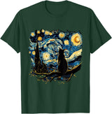 Cat Starry Night Van Gogh Cat T-Shirt for Cat Lovers, Women, Unisex, Black, Small, Short Sleeve, Classic Fit