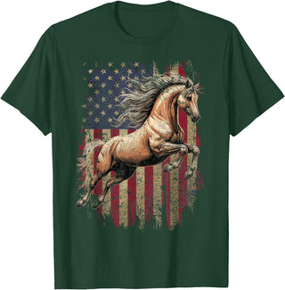 USA Flag Horse Lover Horse American Flag USA 4th of July Horses T-Shirt - Dark Green